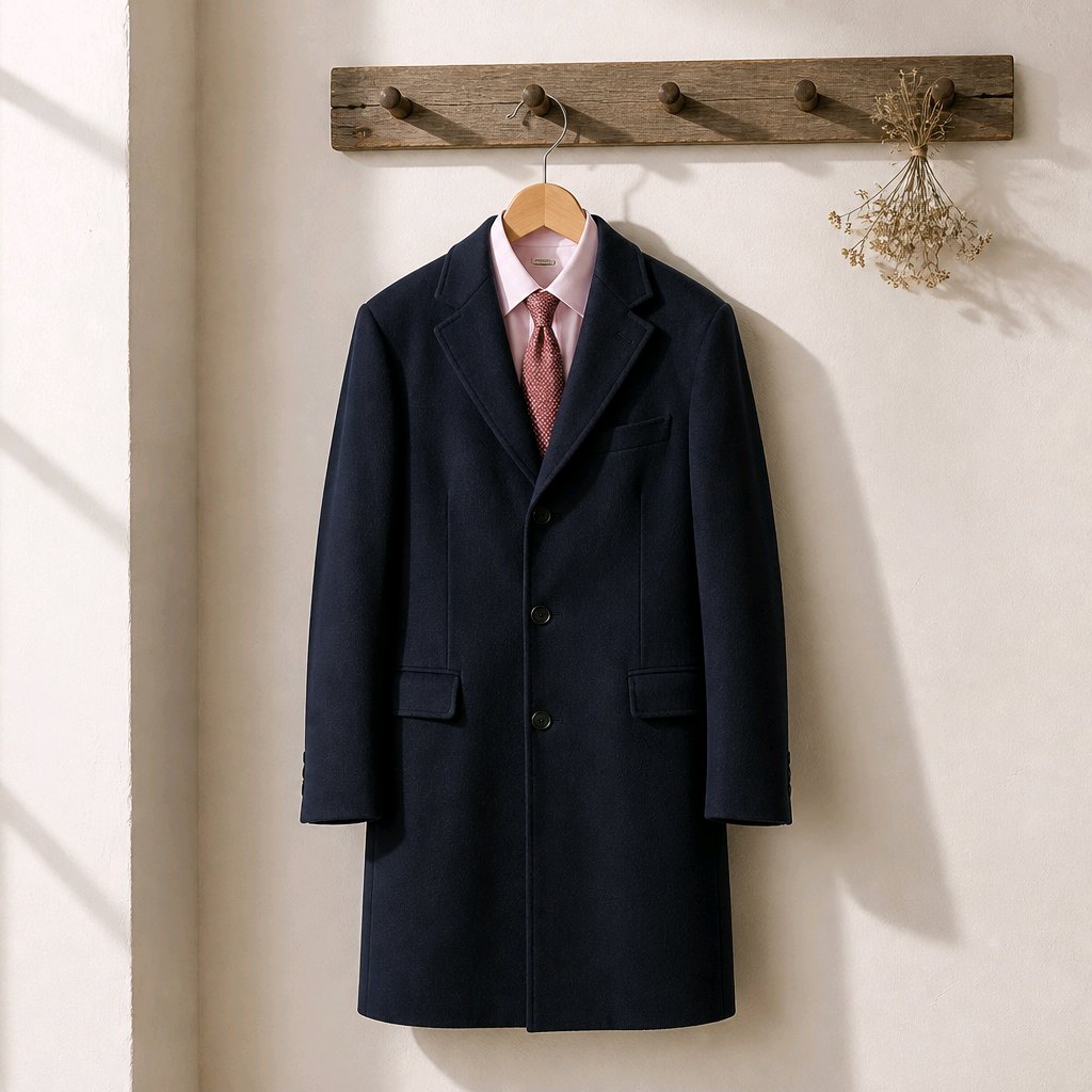 A dark navy wool-blend coat hangs on a wooden hanger from a rustic wooden wall hook rack, styled with a light pink dress shirt and a pink patterned tie. The background is a warm off-white textured wall with soft window shadow lighting.