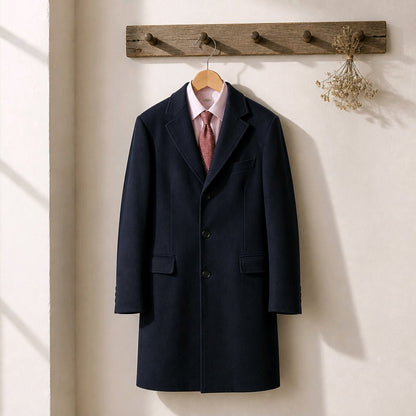 A dark navy wool-blend coat hangs on a wooden hanger from a rustic wooden wall hook rack, styled with a light pink dress shirt and a pink patterned tie. The background is a warm off-white textured wall with soft window shadow lighting.