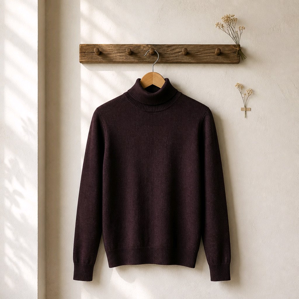 A dark plum purple knit turtleneck sweater hanging on a wooden hanger from a rustic wooden wall rack, with soft window shadow patterns on a textured off-white wall.