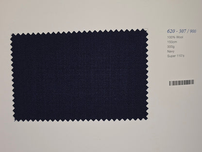 A dark Purple fabric swatch with zigzag-cut edges, displayed on a white background next to printed specifications including '620 - 307 / 900', '100% Wool', '150cm', '300g', 'Navy', and 'Super 110's'.