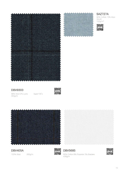 A fabric color and material options chart showing three swatches: a dark navy blue plaid pattern (DBV8303), a light blue-gray solid (SAZ727A), and a dark navy blue solid (DBV405A) alongside a light gray fabric swatch (DBV5685), with text labels and QR codes on a white background.