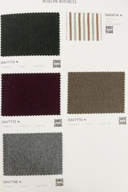 A fabric color and material swatch card titled 'MODERN BUSINESS' showing five fabric swatches: a very dark charcoal green, a striped fabric swatch with labels, a deep burgundy fabric swatch labeled DAV7772, a taupe-brown fabric swatch labeled DAV7770, and a medium gray fabric swatch labeled DAV7768.