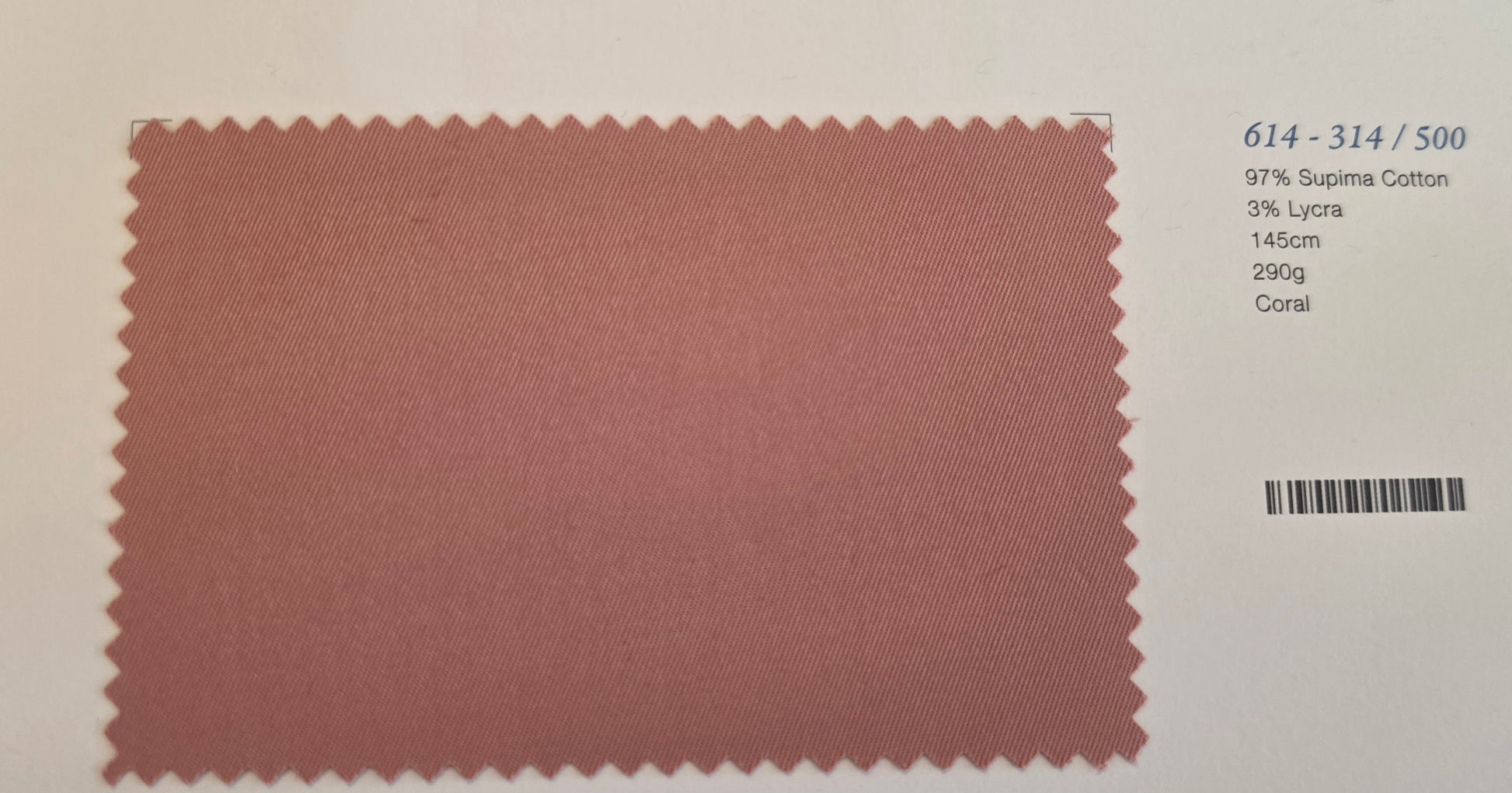 A fabric color swatch card showing a coral pink textured material with serrated edges, alongside printed color and material details on a white background.