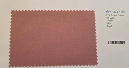 A fabric color swatch card showing a coral pink textured material with serrated edges, alongside printed color and material details on a white background.