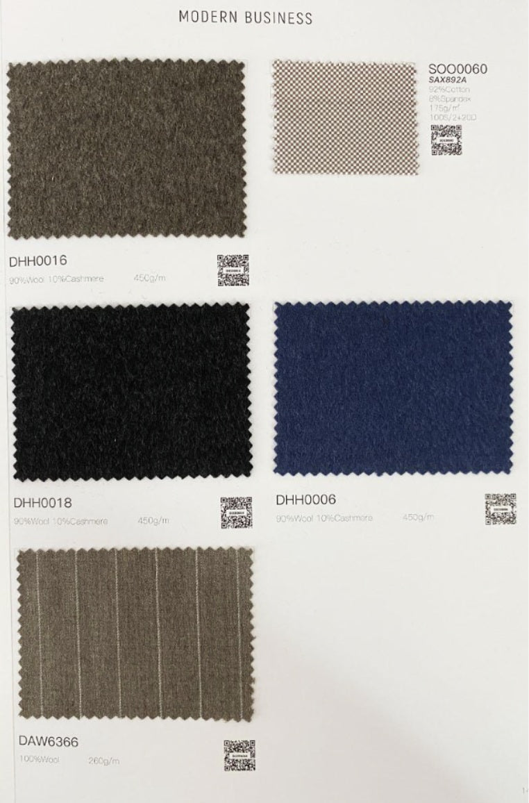A fabric color swatch card titled 'MODERN BUSINESS' showing five textile samples: a taupe-brown textured swatch, a beige-and-gray check pattern swatch, a black swatch, a dark blue swatch, and a taupe-gray striped swatch, each with code labels and QR codes.