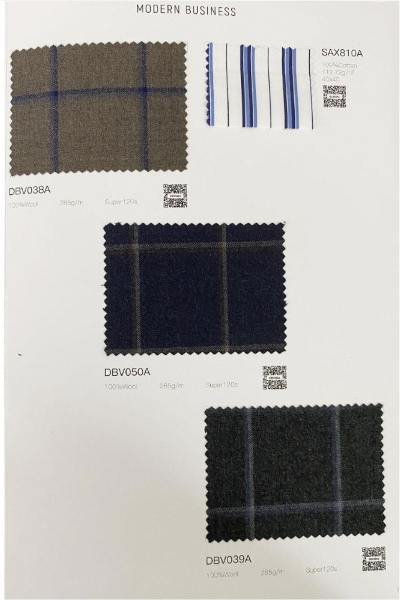 A fabric swatch card displaying three plaid wool samples under the heading 'MODERN BUSINESS'. The top-left swatch is a brown and blue plaid, labeled 'DBV038A'.