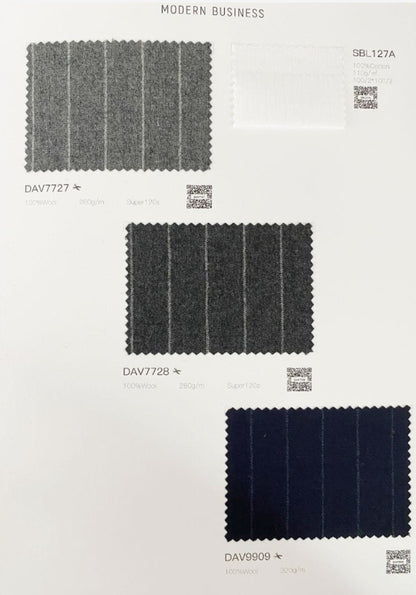 A fabric swatch card displaying three textured wool-like samples labeled DAV7727, DAV7728, and DAV9509 under the heading 'MODERN BUSINESS'. The top sample is gray with white stripes, the middle is black with white stripes, and the bottom is dark navy blue with white stripes.