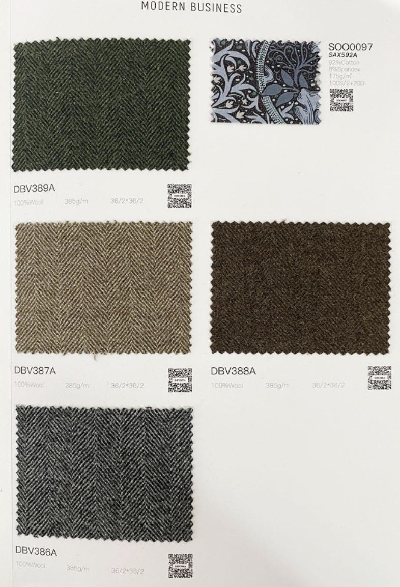 A fabric swatch card page titled 'MODERN BUSINESS' showing five textured woven samples: dark green, taupe-beige herringbone, dark brown, and two gray herringbone options, each with a small pattern swatch and QR code.