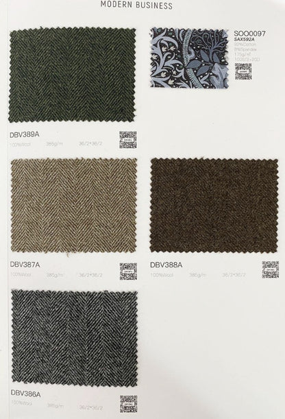 A fabric swatch card page titled 'MODERN BUSINESS' showing five textured woven samples: dark green, taupe-beige herringbone, dark brown, and two gray herringbone options, each with a small pattern swatch and QR code.