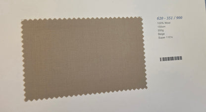 A fabric swatch card showing a beige woven material sample with serrated edges, alongside printed color and material details on a white background.