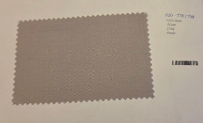 A fabric swatch card showing a textured beige wool material with serrated edges, alongside printed color and specification details on a white background.