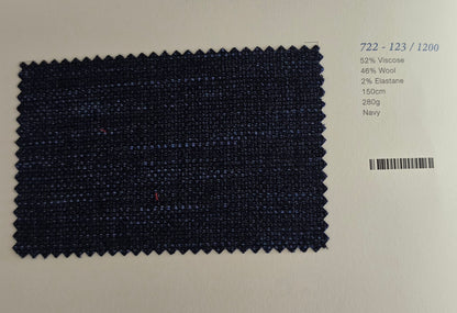A fabric swatch card showing a textured navy blue woven material with a zigzag-cut edge, placed on a white background next to printed specifications.