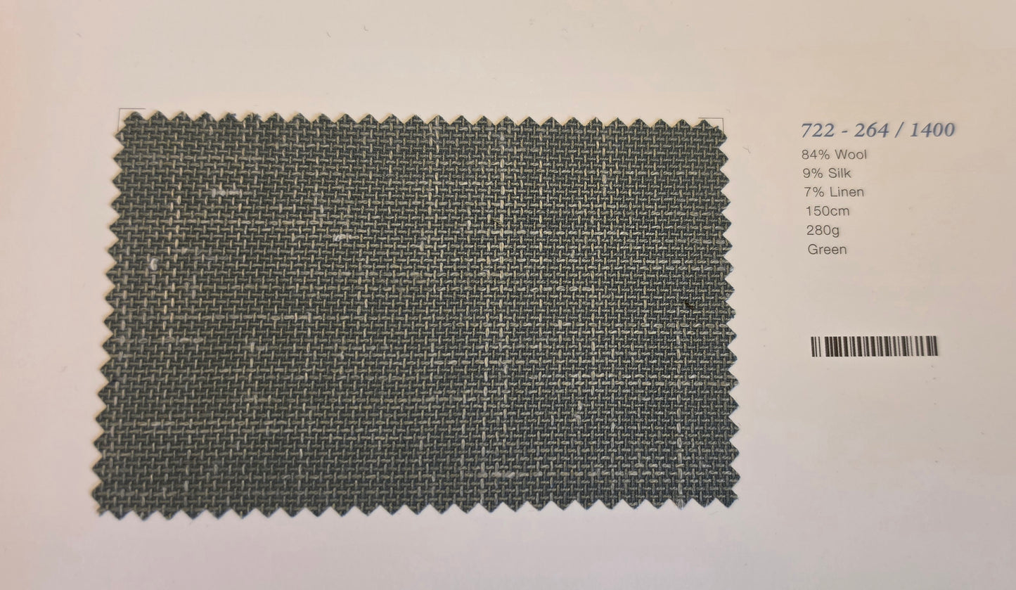 A fabric swatch card showing a textured woven material in a muted green-gray color, with printed composition details and a barcode on a white background.