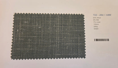 A fabric swatch card showing a textured woven material in a muted green-gray color, with printed composition details and a barcode on a white background.