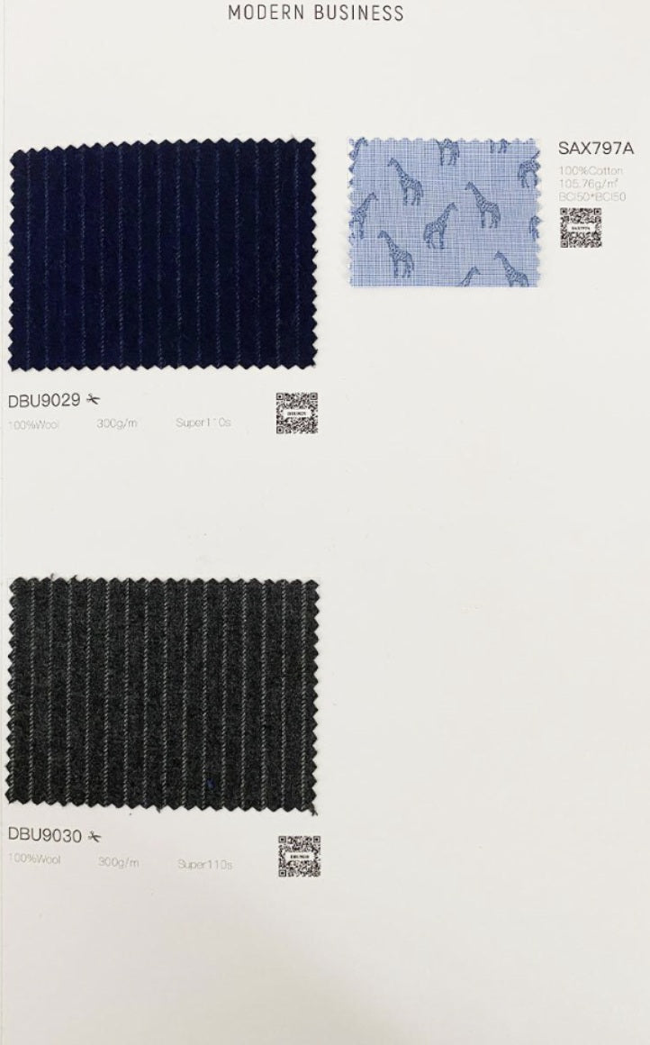 A fabric swatch card showing three textured woven samples under the heading 'MODERN BUSINESS'. The top-left swatch is a dark navy blue with a small giraffe pattern in light blue, labeled SAX797A.