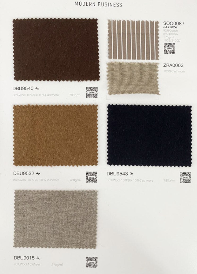 A fabric swatch card titled 'MODERN BUSINESS' showing six textured material samples with codes such as DBJ9540, DBJ9532, DBJ9543, and DBJ95015, plus striped and woven swatches labeled SOC0087 SAREZA and ZHA0003.