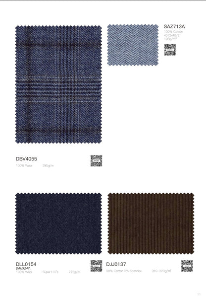 A fabric swatch catalog page showing four textile samples: a large blue plaid wool sample, a smaller blue herringbone sample, a dark navy wool sample, and a dark brown ribbed wool sample, each with code labels and small QR codes on a white background.