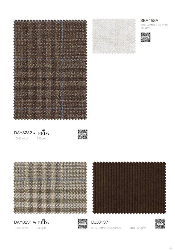 A fabric swatch catalog page showing four textile samples with labels and QR codes: a large brown plaid wool sample, a small off-white woven swatch, a beige and brown plaid wool sample, and a dark brown ribbed fabric swatch.