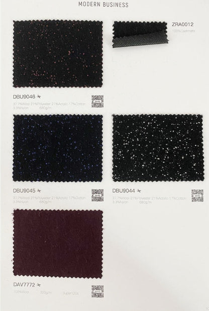 A fabric swatch catalog page showing multiple material samples under the heading 'MODERN BUSINESS'. The page includes several dark textured swatches with printed codes (ZRA0012, DBU046, DBU045, DBU044, DAV772) and QR codes, plus one larger burgundy sample.