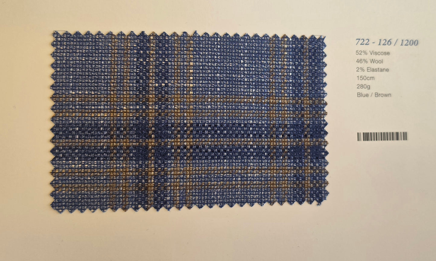 A fabric swatch of blue and brown plaid wool with a textured woven pattern, displayed on a light beige background with product specifications printed on the right.