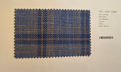 A fabric swatch of blue and brown plaid wool with a textured woven pattern, displayed on a light beige background with product specifications printed on the right.