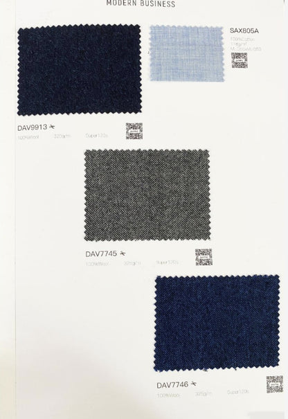 A fabric swatch selection page showing four textured material samples labeled for a 'Modern Business' category: a dark navy blue sample, a light blue sample, a medium gray herringbone sample, and a dark navy blue sample.
