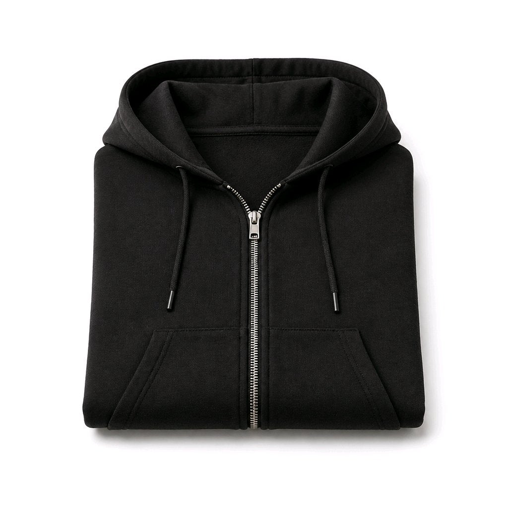 A folded black zip-up hoodie with drawstrings and a silver zipper, presented on a clean white background.