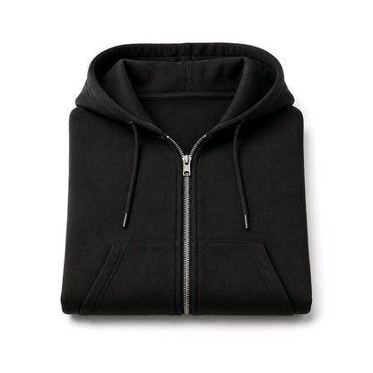 A folded black zip-up hoodie with drawstrings and a silver zipper, presented on a clean white background.