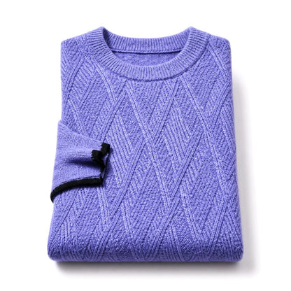 A folded lavender purple knit sweater with a textured diamond pattern and a black ribbed trim detail on the sleeve cuff, shown on a clean white background.