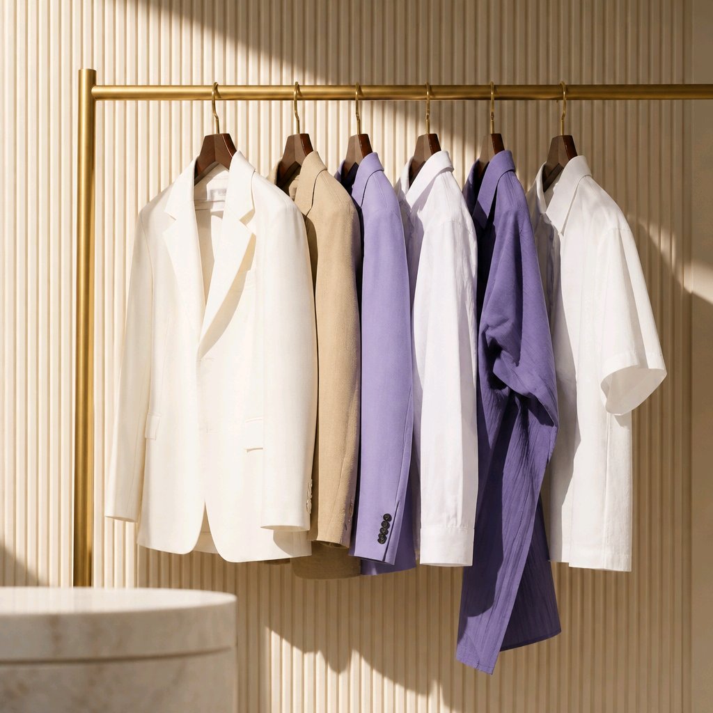 A gold clothing rack displaying a curated collection of men's apparel, including a white blazer, beige blazer, white shirt, lavender shirt, purple overshirt, and white short-sleeve shirt, set against a beige slatted wall.