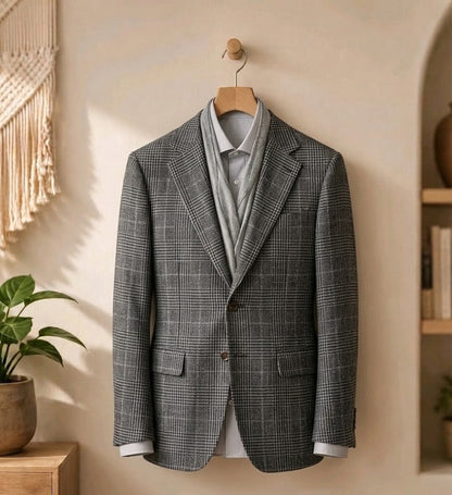A gray and black plaid blazer jacket hanging on a wooden hanger against a warm beige wall, styled with a light gray shirt and vest underneath.