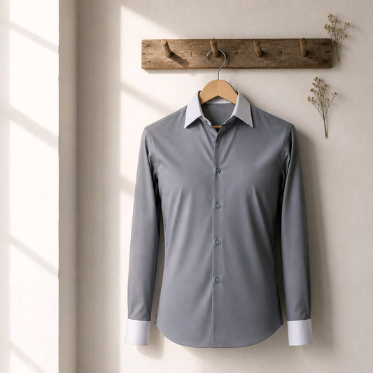 A gray long-sleeve button-up dress shirt with a contrasting white collar and white cuffs, hanging on a wooden hanger from a rustic wooden peg rack against a warm beige wall.