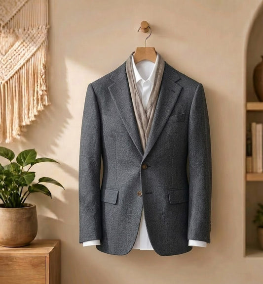 A gray textured blazer jacket styled with a beige scarf and white collared shirt, hanging on a wooden hanger against a warm beige wall in a styled interior setting.