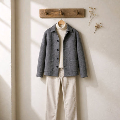 A gray wool-blend button-front jacket hangs on a wooden hanger against a warm off-white wall, styled over a cream ribbed turtleneck and cream trousers. A rustic wooden peg rack and dried floral decor hang above.
