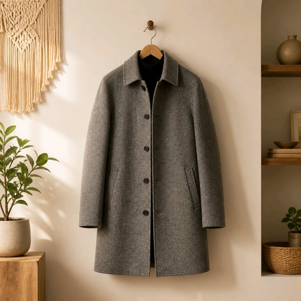 A gray wool-blend coat hangs on a wooden hanger against a warm beige wall, with a plant, macrame wall hanging, and wooden shelf visible in the softly lit room.