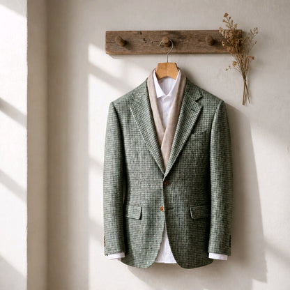 A green and gray houndstooth blazer jacket hanging on a wooden hanger from a rustic wooden wall hook, styled with a beige cardigan and white shirt, against a warm off-white wall with soft window shadows.