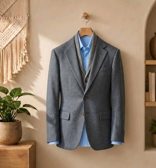 A grey textured blazer jacket styled over a light blue dress shirt and matching vest, hanging on a wooden hanger against a warm beige wall in a styled interior setting.