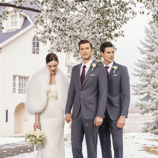 A group of three people outdoors in winter, with the man in the lead wearing a grey single-breasted two-piece suit, followed by a woman in a white dress holding a bouquet, and a third man in a dark suit. All are smiling and posing for a photo.