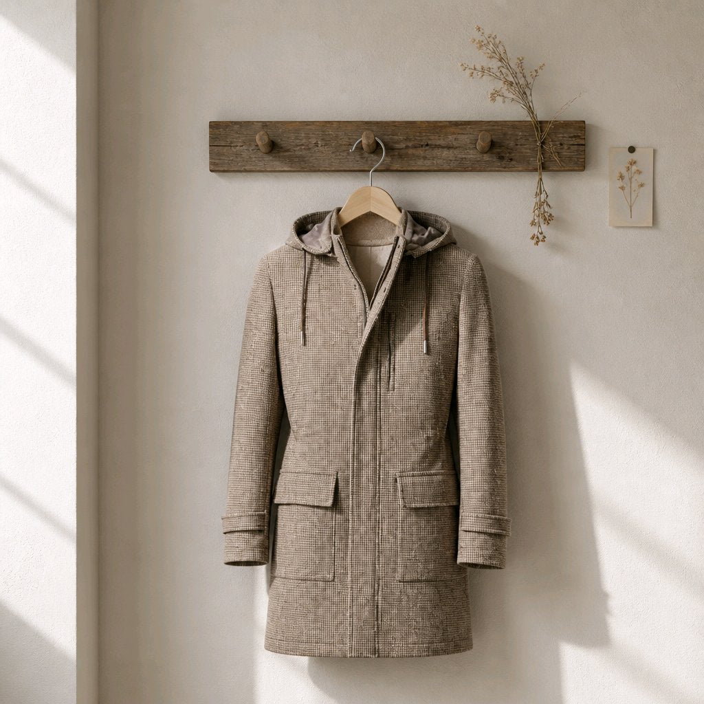 A hooded mid-length coat in a textured taupe-brown fabric hangs on a wooden hanger from a rustic wooden wall hook. The coat has a front zipper, drawstrings, and large front patch pockets.