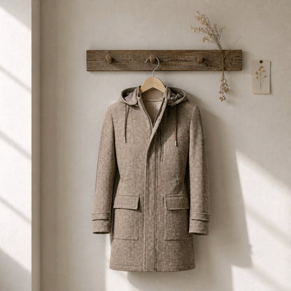 A hooded mid-length coat in a textured taupe-brown fabric hangs on a wooden hanger from a rustic wooden wall hook. The coat has a front zipper, drawstrings, and large front patch pockets.