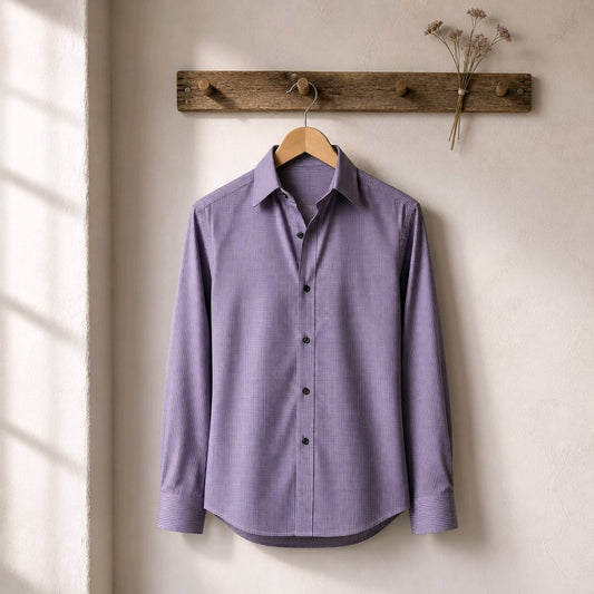 A lavender-purple long-sleeve button-up shirt with a subtle textured weave, hanging on a wooden hanger from a rustic wooden peg rail mounted on a textured off-white wall.