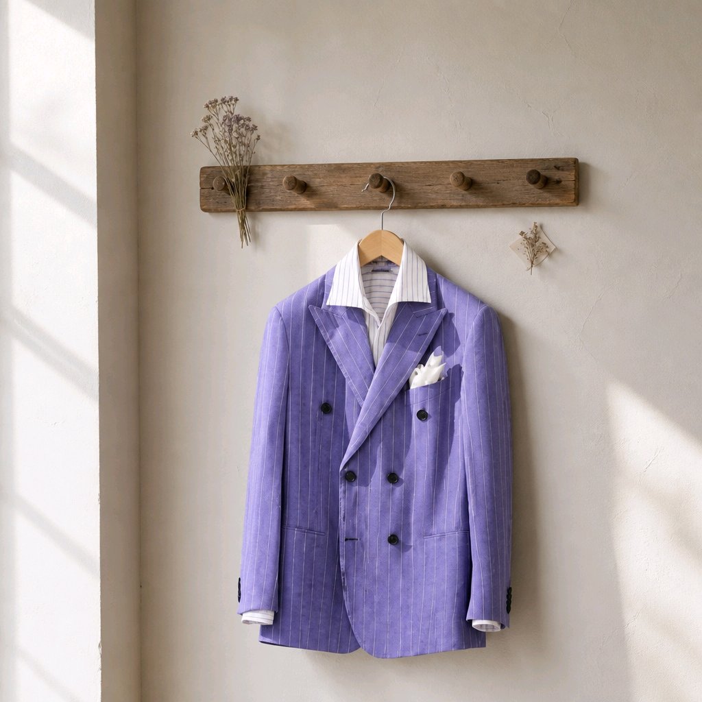 A lavender purple double-breasted pinstripe blazer with a white striped shirt and white pocket square, hanging on a wooden coat rack against a textured beige wall.