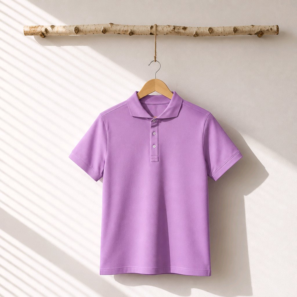 A lavender purple short-sleeve polo shirt hanging on a wooden hanger from a birch branch, set against a warm off-white wall with soft diagonal window shadow stripes.