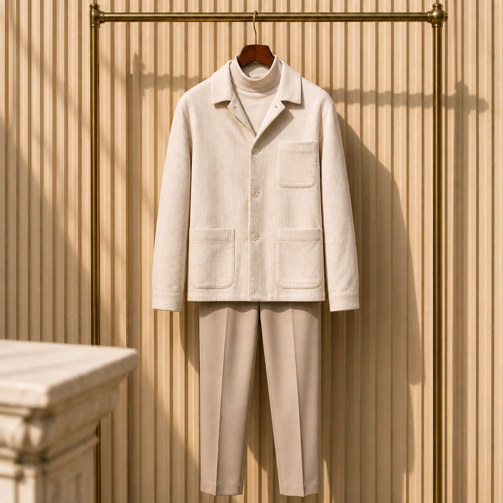 A light beige corduroy jacket with a collar and front pockets, styled over a cream turtleneck and paired with matching beige trousers, hanging on a brass clothing rack against a beige slatted wall.