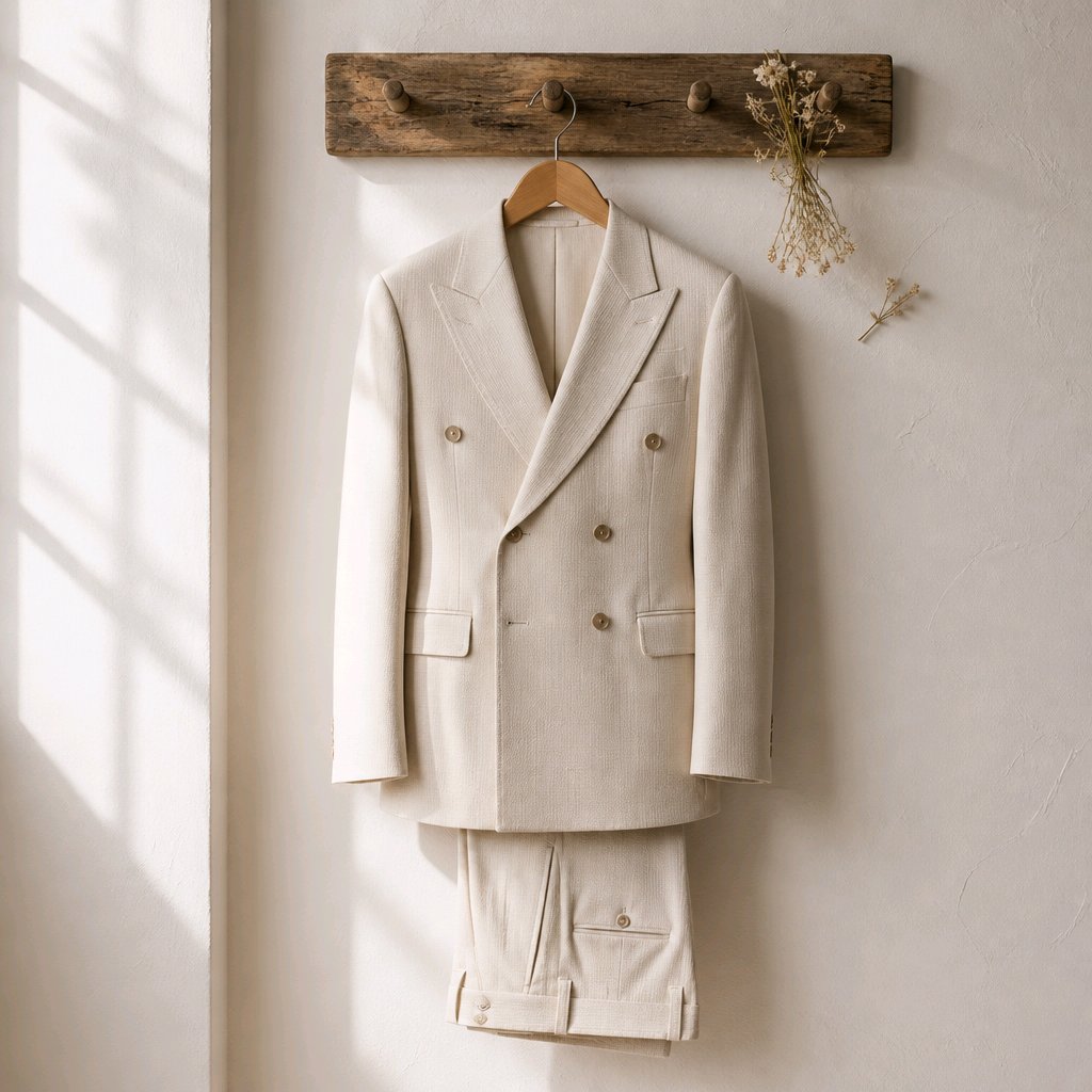 A light beige double-breasted suit with matching trousers hanging on a wooden hanger from a rustic wooden wall hook, set against a textured off-white wall with soft window shadow light.