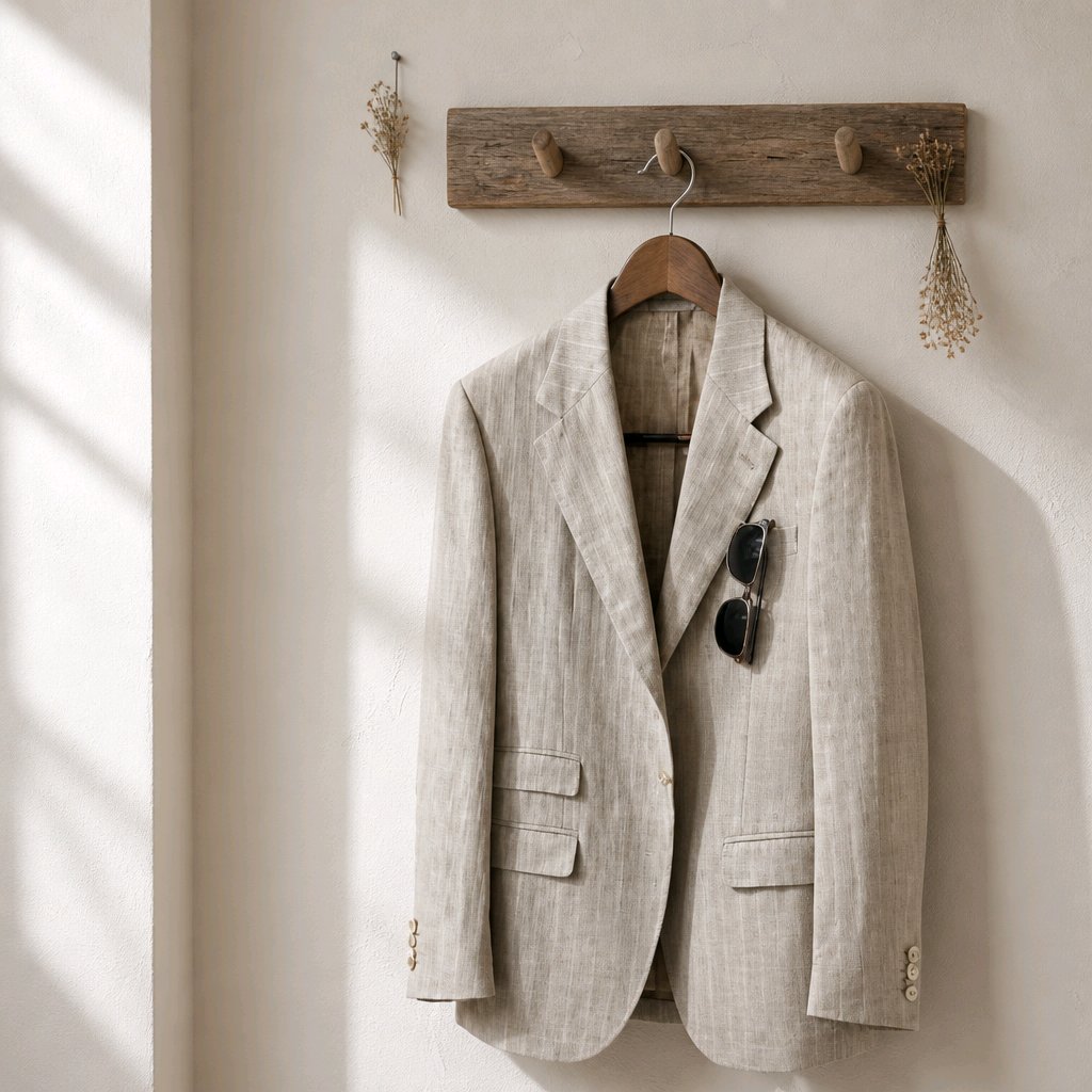 A light beige linen-blend blazer jacket hanging on a wooden hanger from a rustic wooden wall hook, styled with sunglasses in the pocket and dried floral decorations against a textured cream wall with soft window shadows.