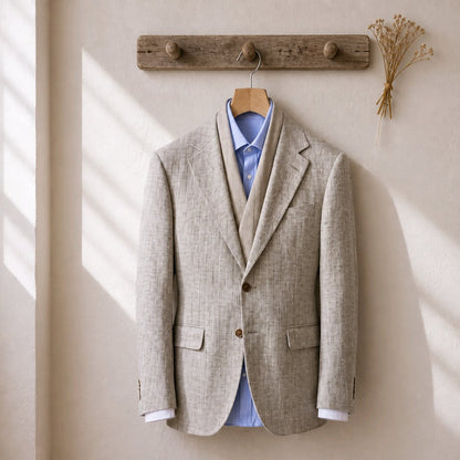 A light beige linen-blend blazer jacket styled over a light blue dress shirt and a tan corduroy vest, hanging on a wooden hanger from a rustic wooden coat rack against a warm beige wall with soft window shadows.