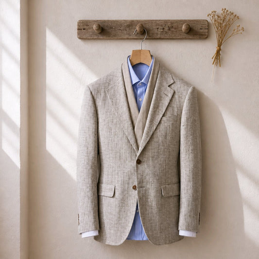 A light beige linen-blend blazer jacket styled over a light blue dress shirt and a tan corduroy vest, hanging on a wooden hanger from a rustic wooden coat rack against a warm beige wall with soft window shadows.