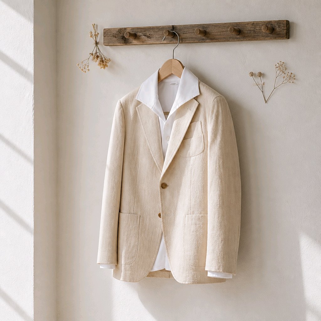 A light beige linen-blend blazer jacket with a white collared shirt underneath, hanging on a wooden hanger from a rustic wooden wall hook rack decorated with dried flowers.