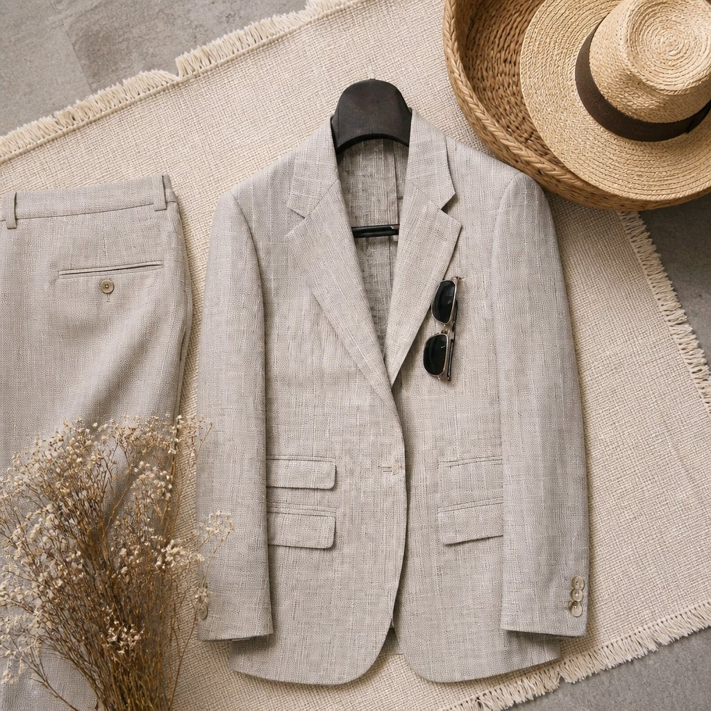 A light beige linen-textured blazer jacket and matching trousers are arranged in a styled flat lay on a woven rug, with a straw hat and dried flowers as props.